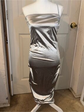 Forever 21 Silver One-Shoulder Satin Midi Slip Dress